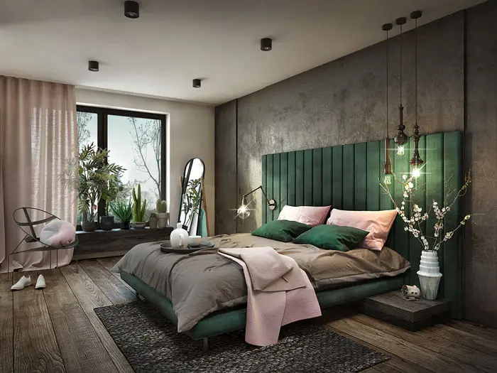 Połączenie butelkowej zieleni z pudrowym różem | proj. razzo architekci