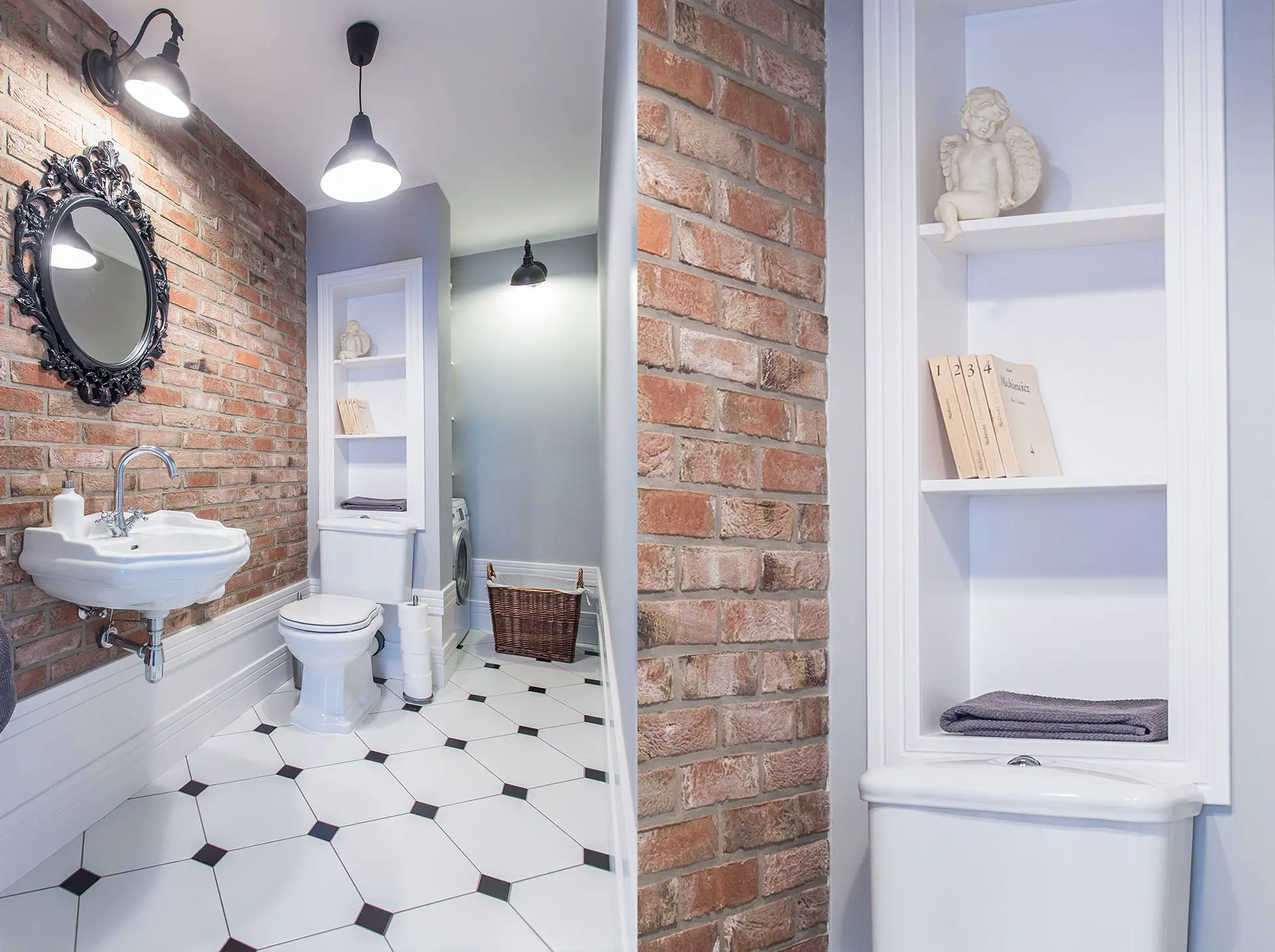 Łazienka w stylu retro ze ścianą z czerwonej cegły | proj. emDesign