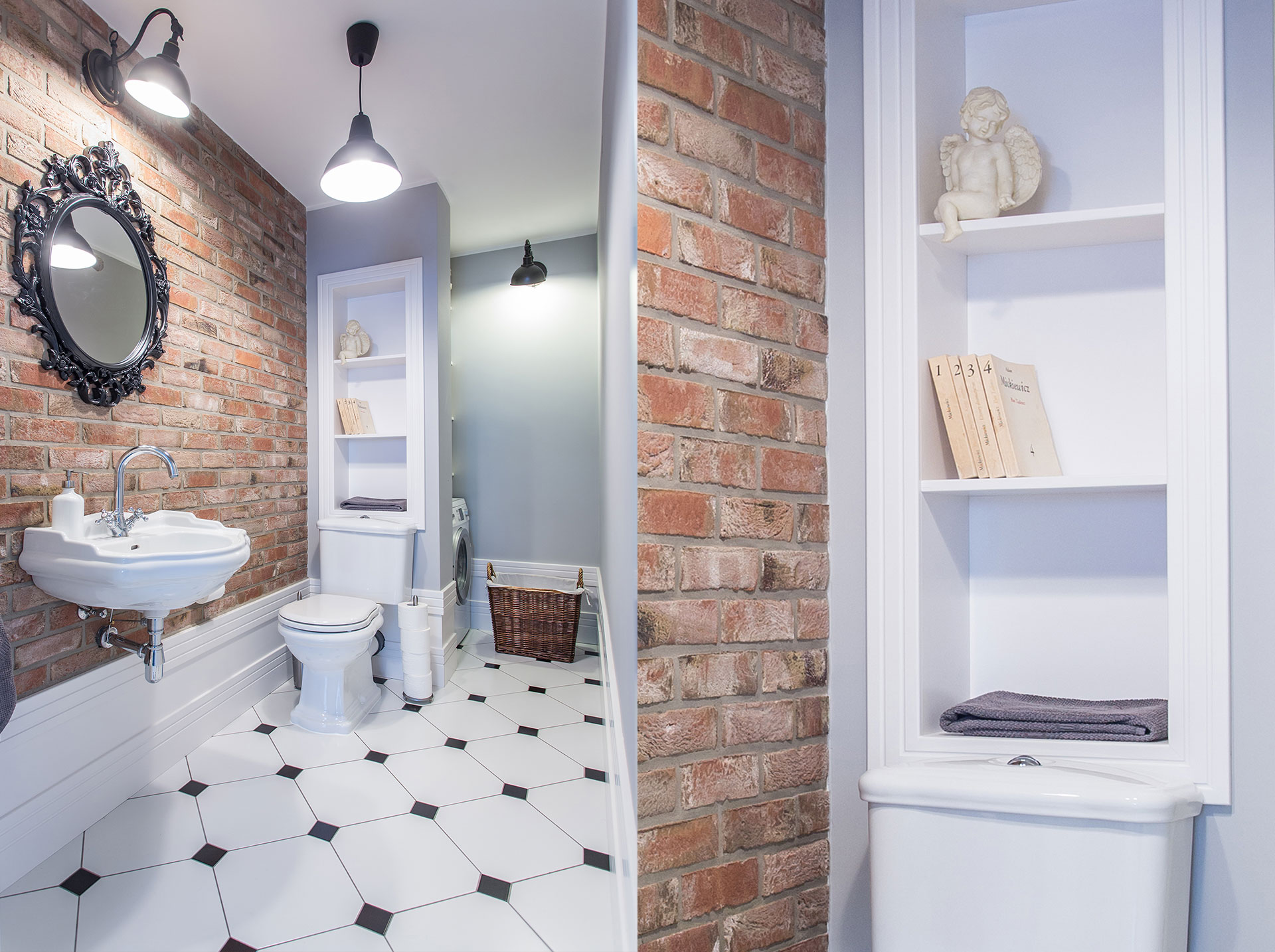 Łazienka w stylu retro ze ścianą z czerwonej cegły | proj. emDesign