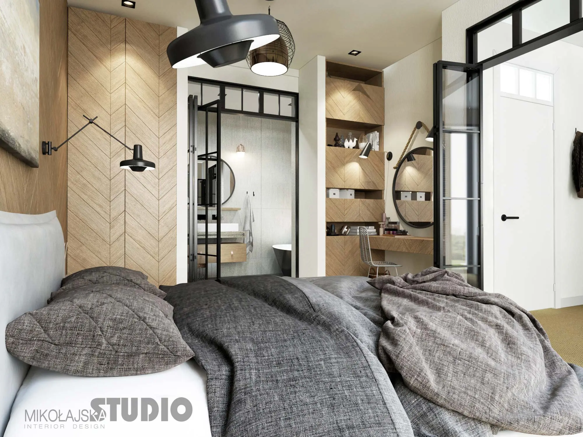 Łazienka w sypialni za szklanymi drzwiami w stylu industrialnym | proj. Mikołajska Studio