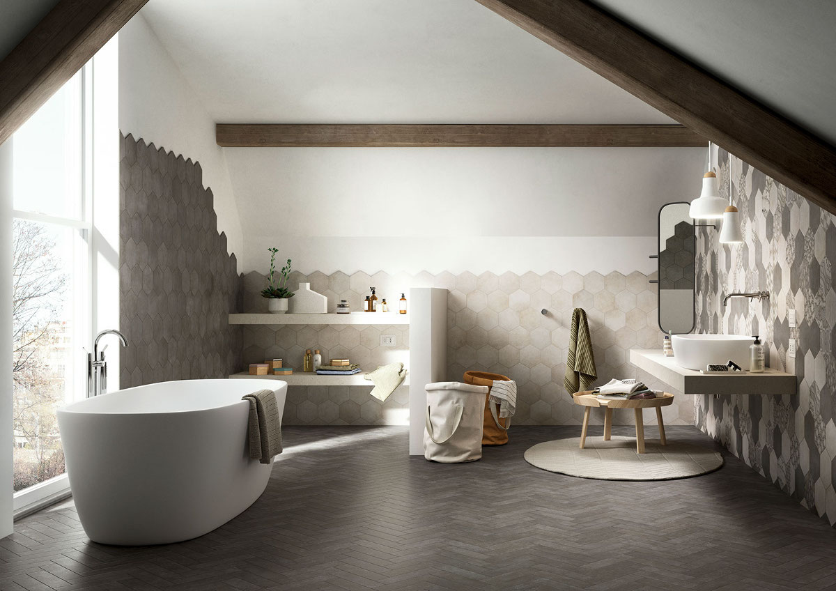 Patchworkowe płytki w kształcie heksagonów – kolekcja Clays od Marazzi