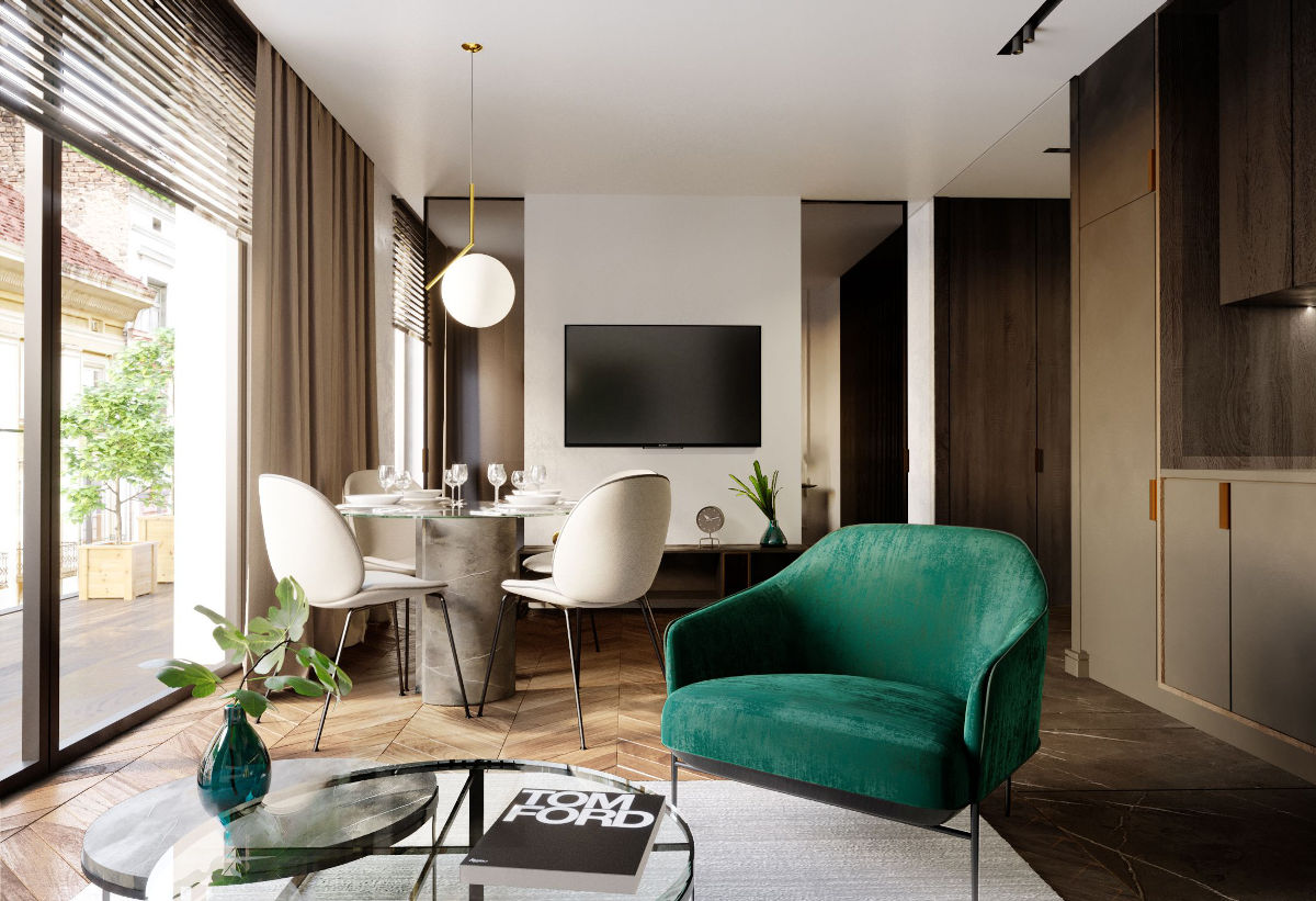 <strong>MIEJSKA GARSONIERA Z NUTĄ SZMARAGDOWEJ ZIELNI | PROJ. JMW ARCHITEKCI</strong>