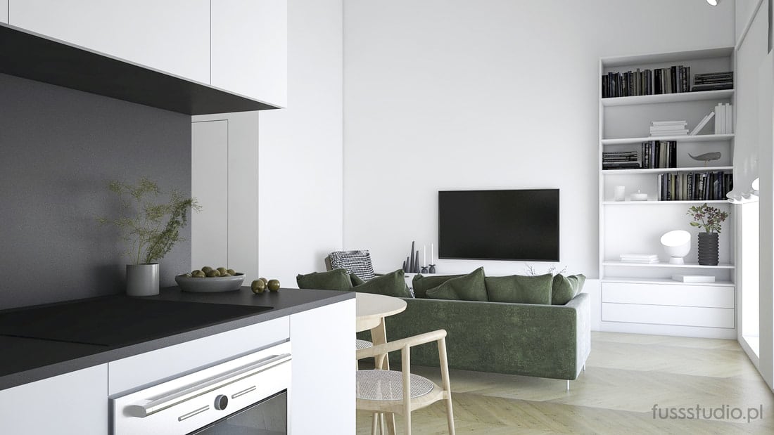 Biała kuchnia otwarta na salon i jadalnię | FUss Studio