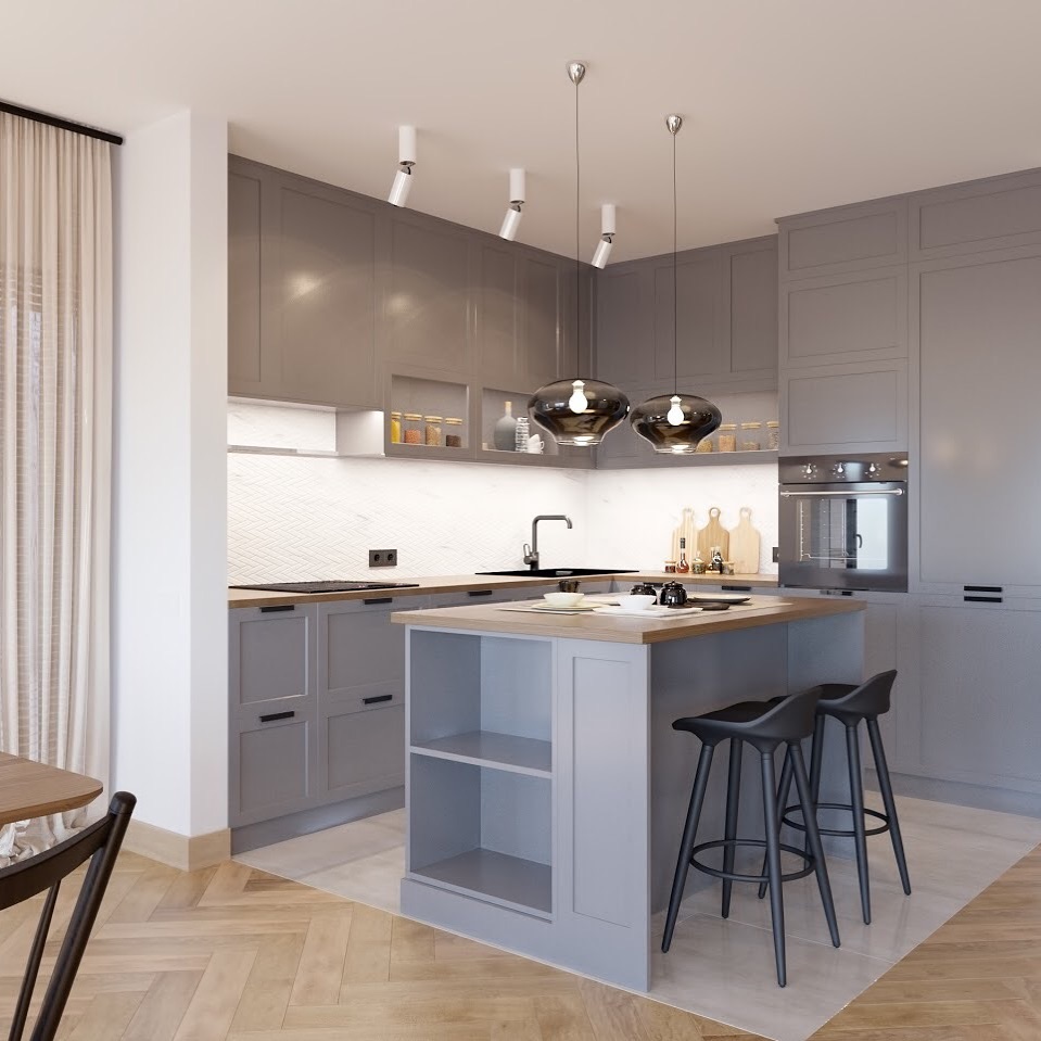 boho studio | Szara kuchnia z funkcjonalną wyspą