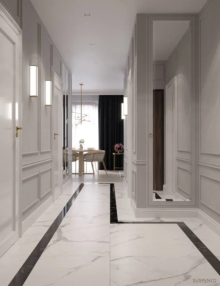 Elegancki i klasyczny przedpokój z marmurowymi płytkami na podłodze 