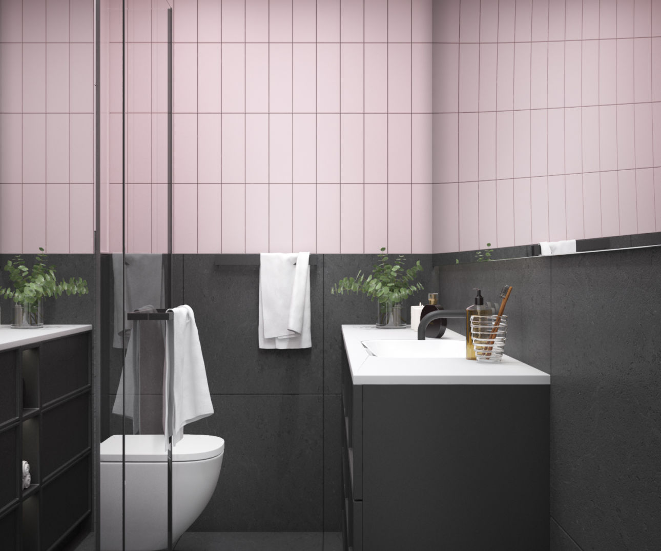 Szaro – różowa strefa wc | proj. ZEN Interiors
