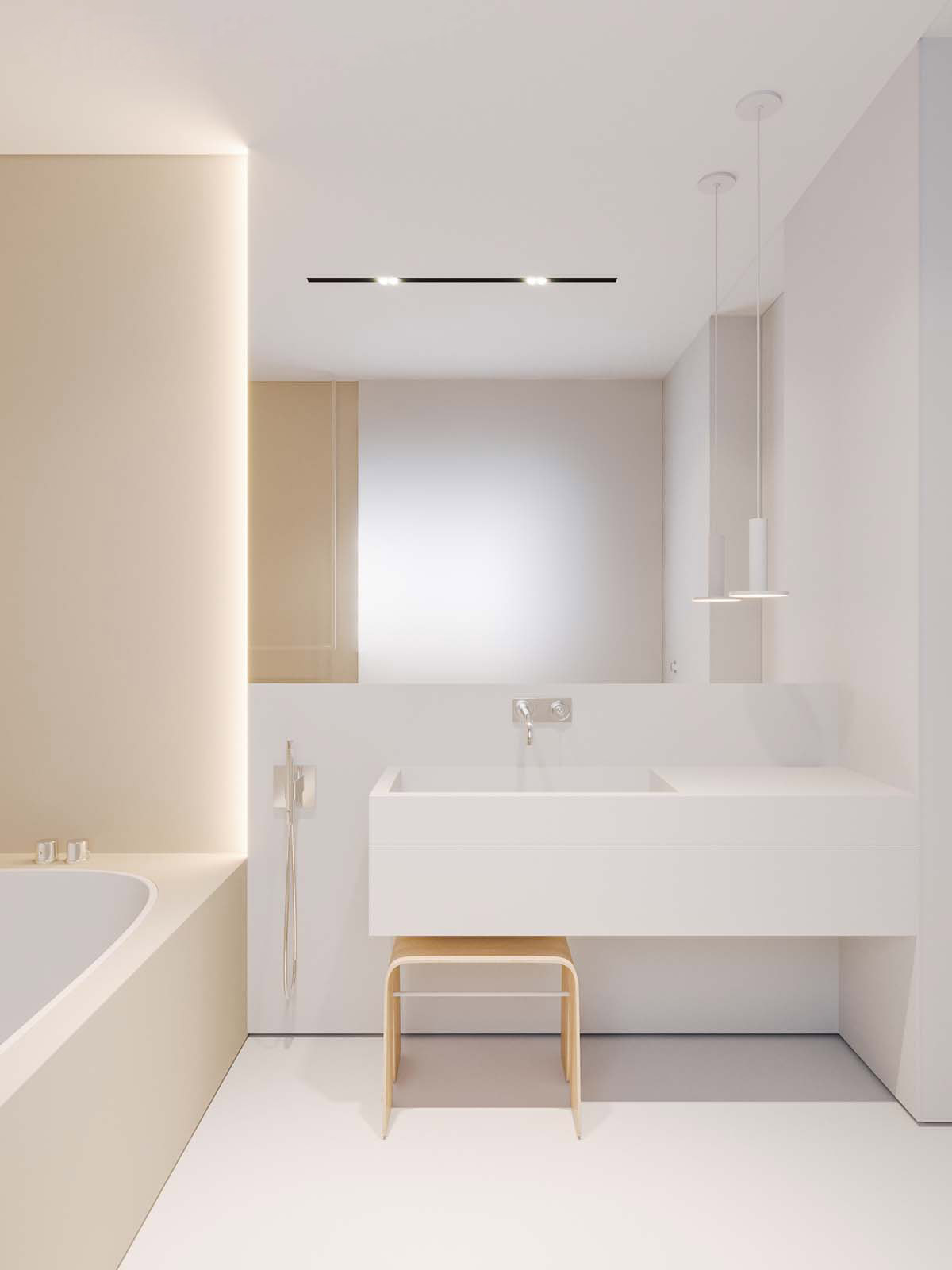 Projekt łazienki KUOO ARCHITECTS, Katarzyna Kuo Stolarska | Minimalistyczna łazienka z delikatnie złotą armaturą