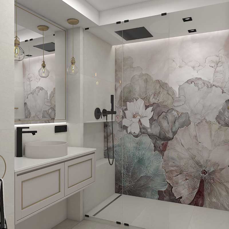 Różowa umywalka SLIM i tapeta w kwiaty od Wall&Deco. | Projekt: Agnieszka Gajkowska AGGA