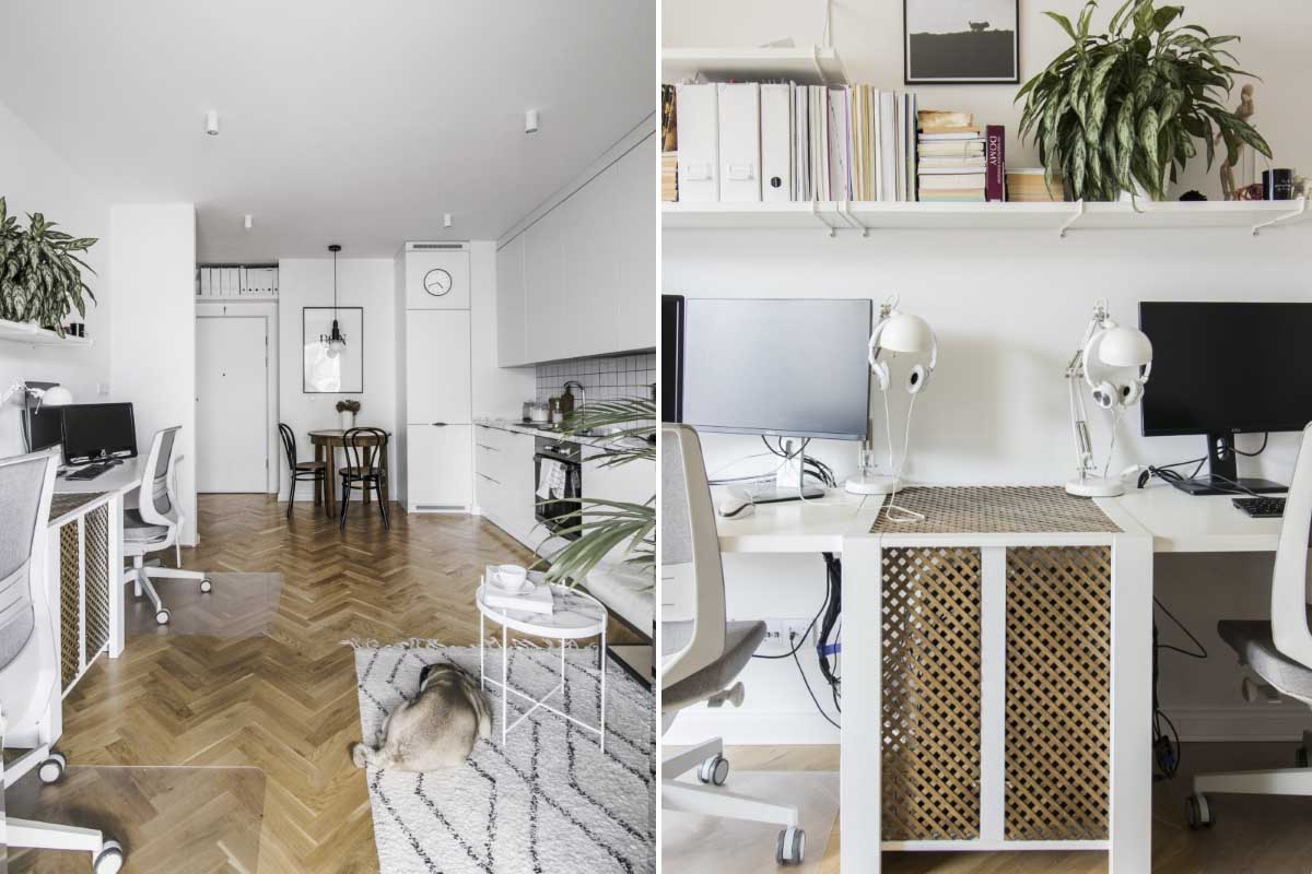 Strefa home office „wtopiona” w przestrzeń salonu. | Projekt: NORESTSTUDIO