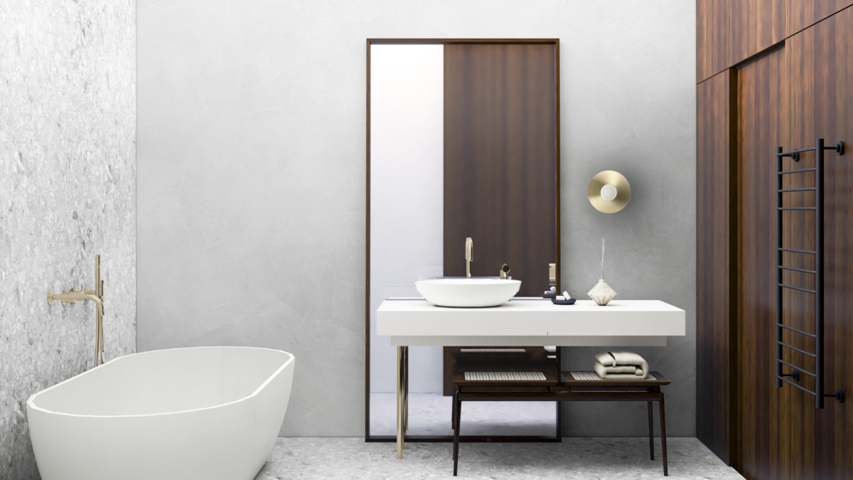 Łazienka w klimacie Mid-century. | Proj.: Pracownia IN