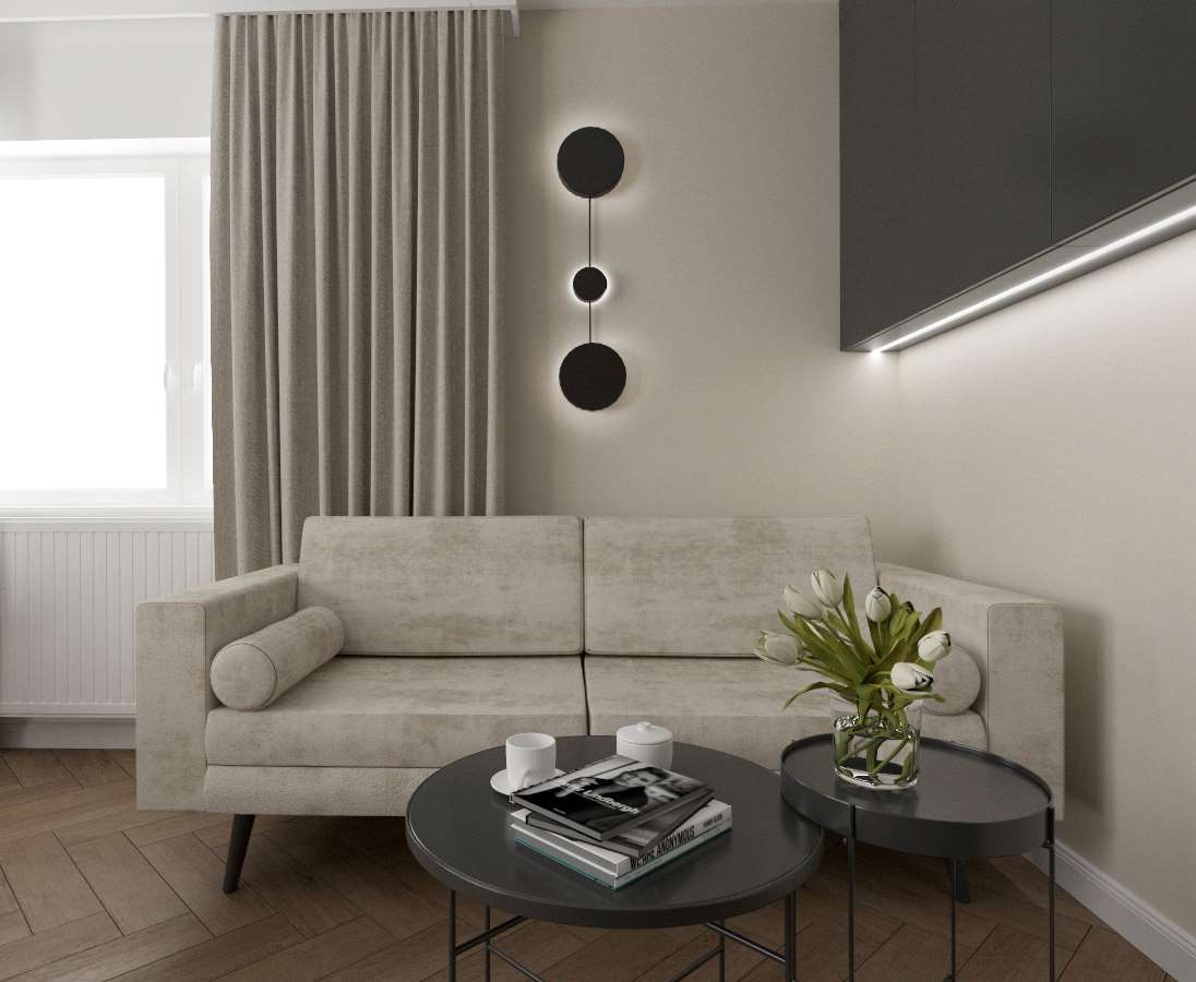 Beżowo-szara sofa w salonie